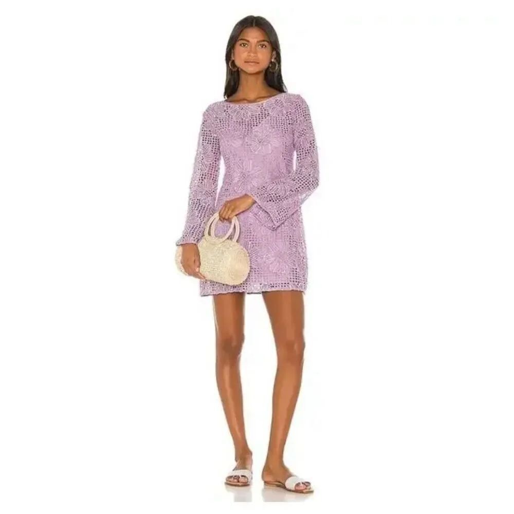Majorelle Revolve Calvin Lavender Crochet Floral Pattern Crochet Bell Sleeve Dre